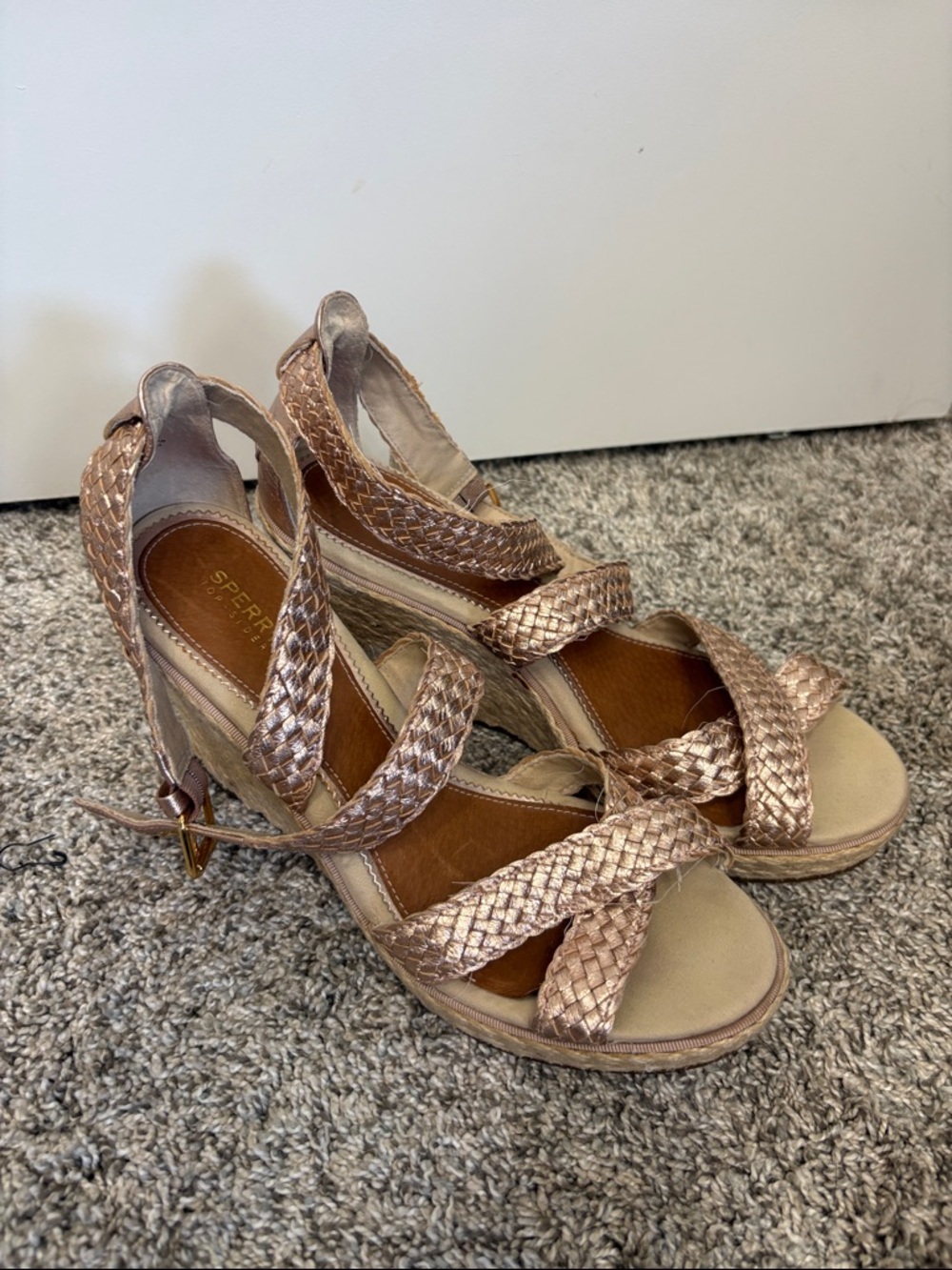 Sperry Rose Gold Woven Wedge Sandals